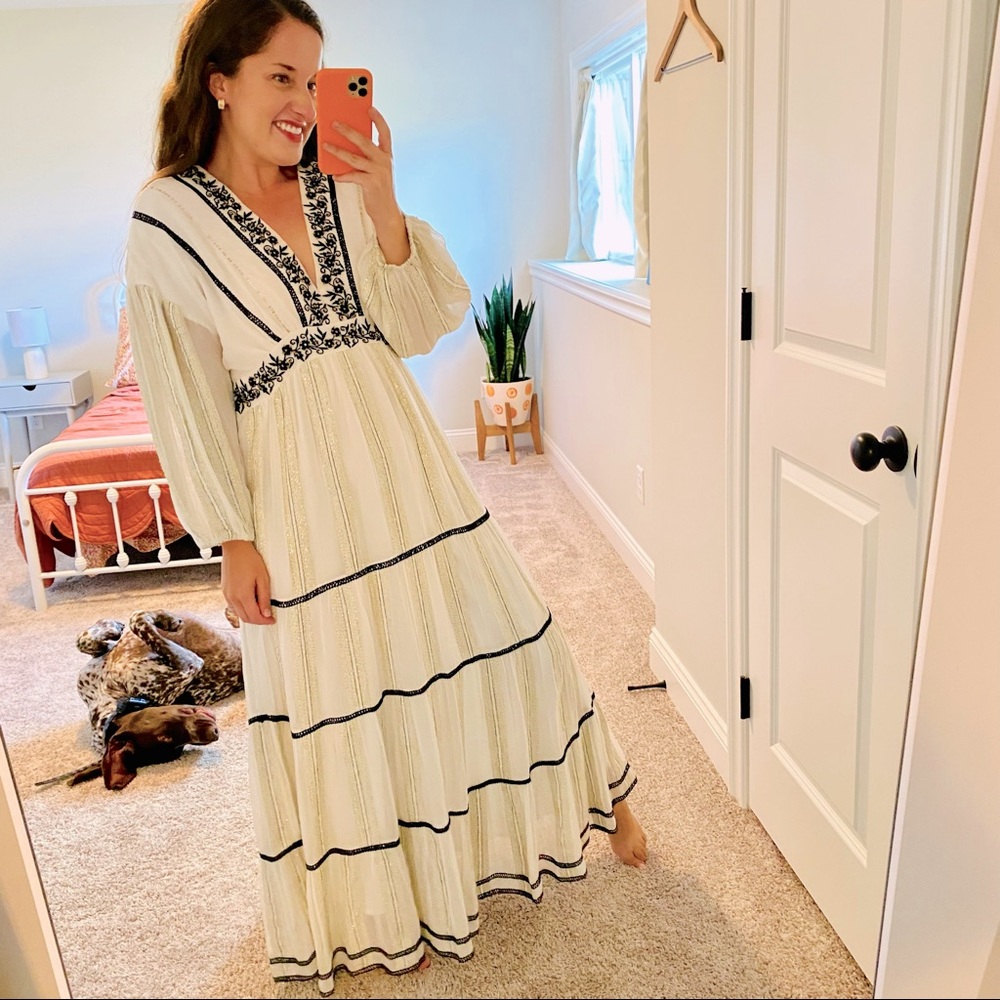 NWT Anthropologie Verb Pallavi Singhee White Metallic Maxi Dress Small
